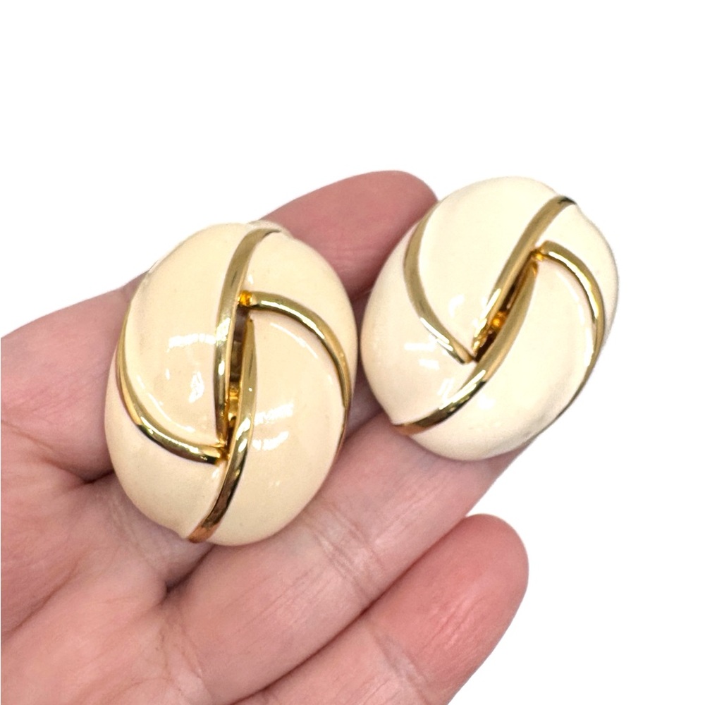 Vintage Les Bernard Cream Enamel and Gold-Tone Knot Clip-On Earrings